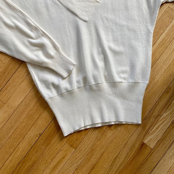 Pierre Cardin White Ribbed Trim Deep V-Neck Relaxed Ivory Sweater Size S - Picture 7 of 8